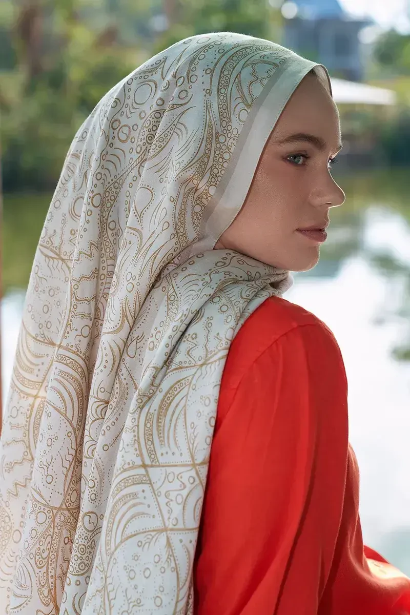 Astra Desen Pamuk İpek Şal - Bej - 1