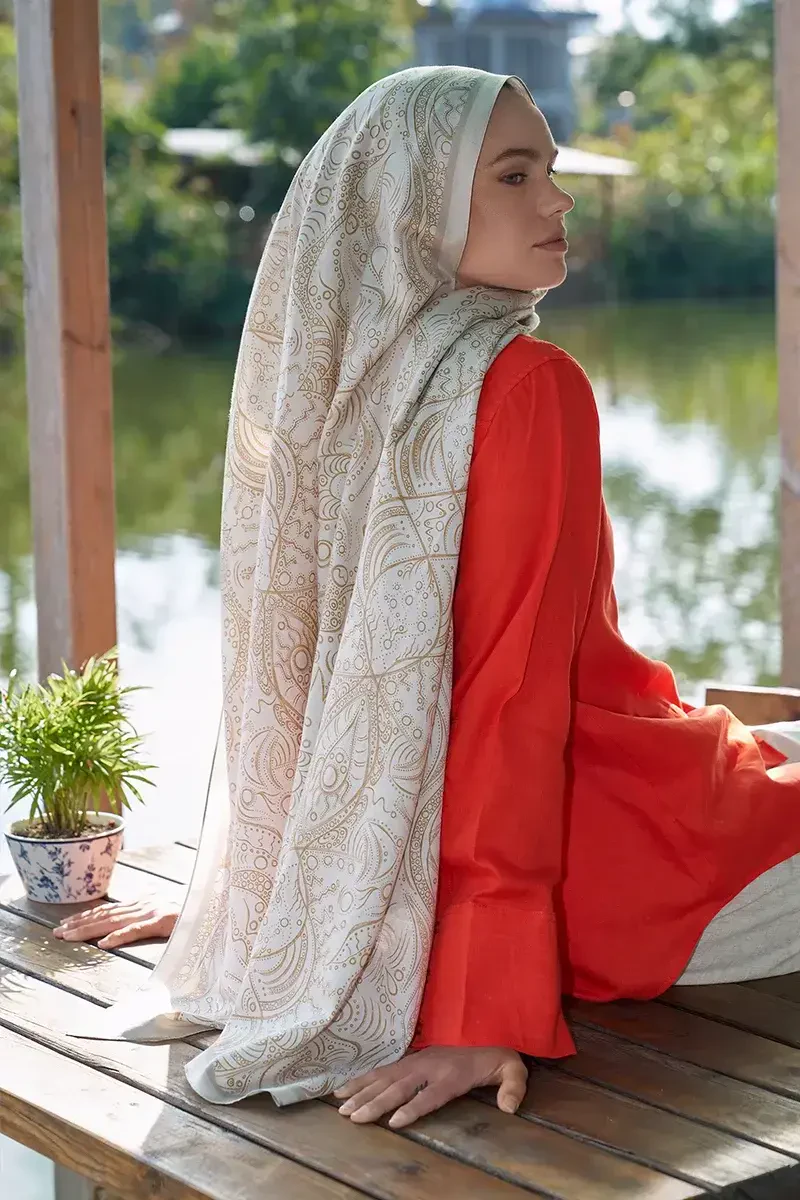 Astra Desen Pamuk İpek Şal - Bej - 2