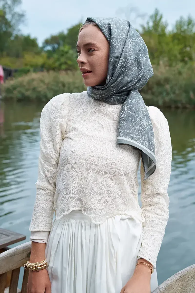 Astra Desen Pamuk İpek Şal - Füme - 1