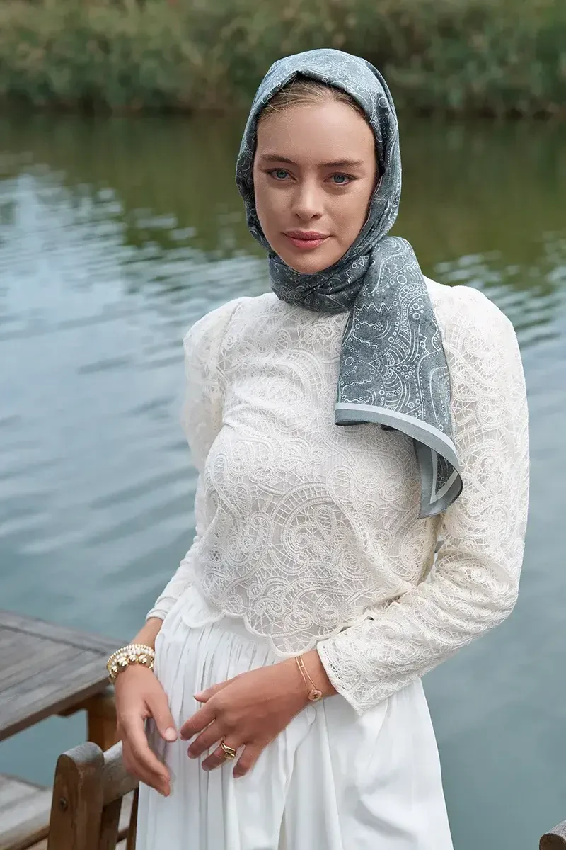 Astra Desen Pamuk İpek Şal - Füme - 2
