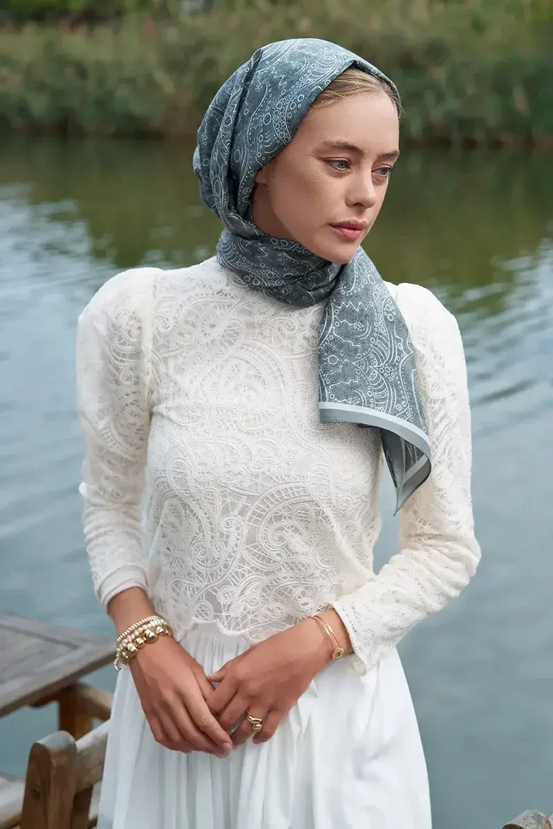 Astra Desen Pamuk İpek Şal - Füme - 3