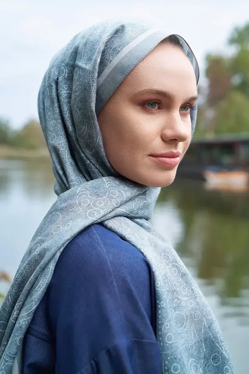 Astra Desen Pamuk İpek Şal - Mavili Gri - 3