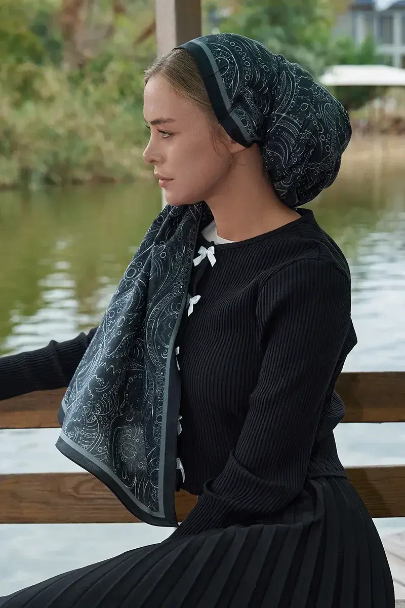 Astra Desen Pamuk İpek Şal - Siyah - 1