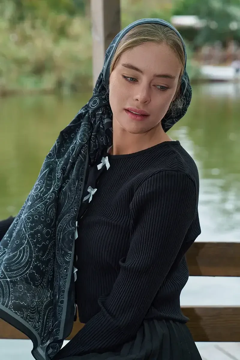 Astra Desen Pamuk İpek Şal - Siyah - 2