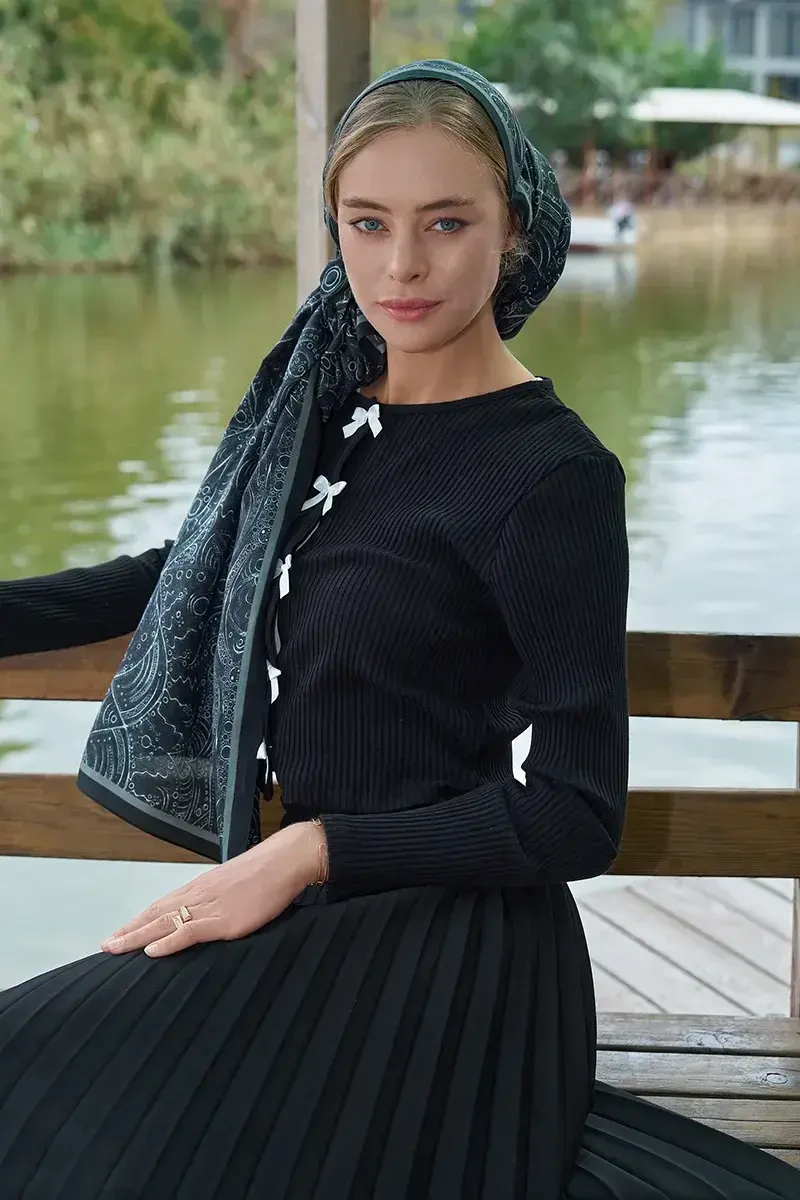 Astra Desen Pamuk İpek Şal - Siyah - 4