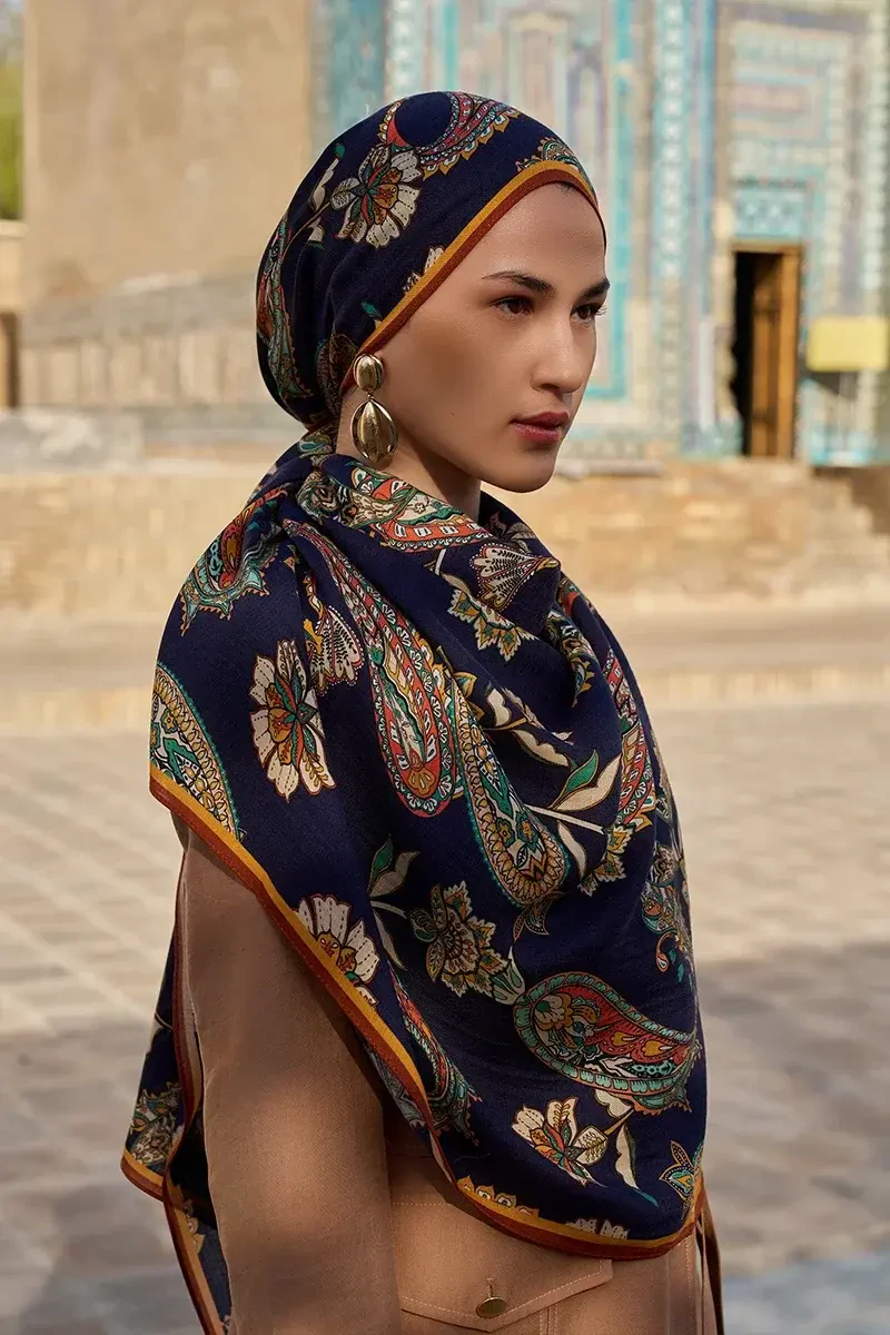 Bade Yün İpek Şal - Lacivert - 3