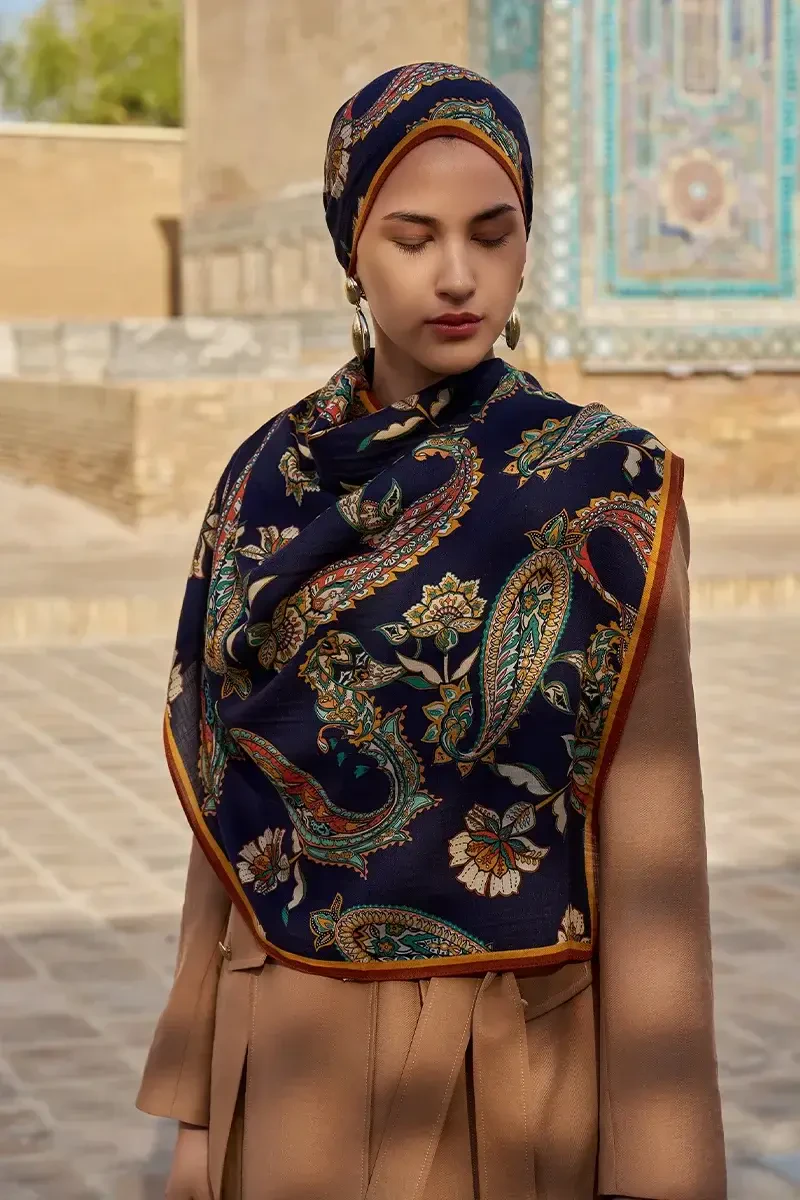 Bade Yün İpek Şal - Lacivert - 4