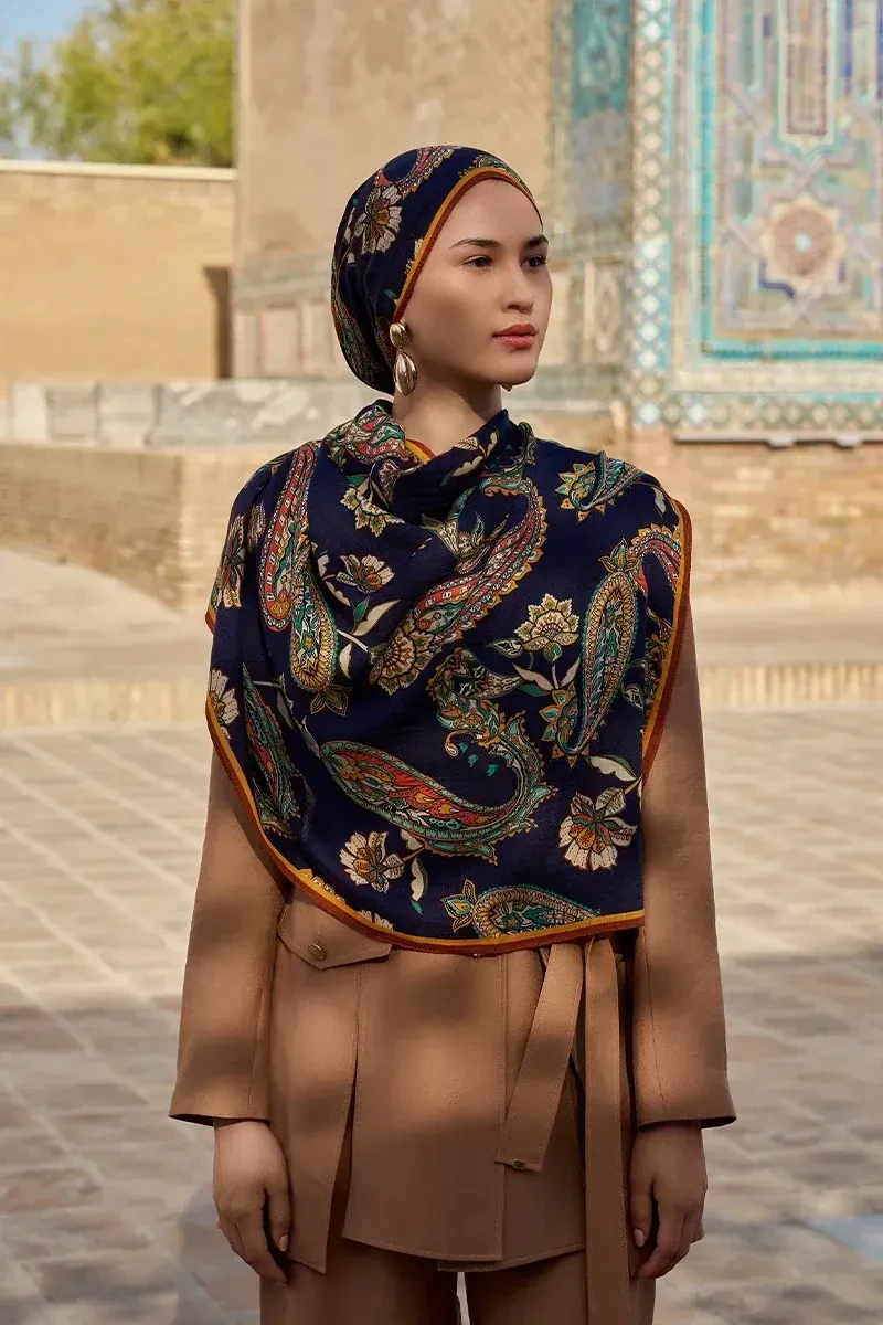 Bade Yün İpek Şal - Lacivert - 1