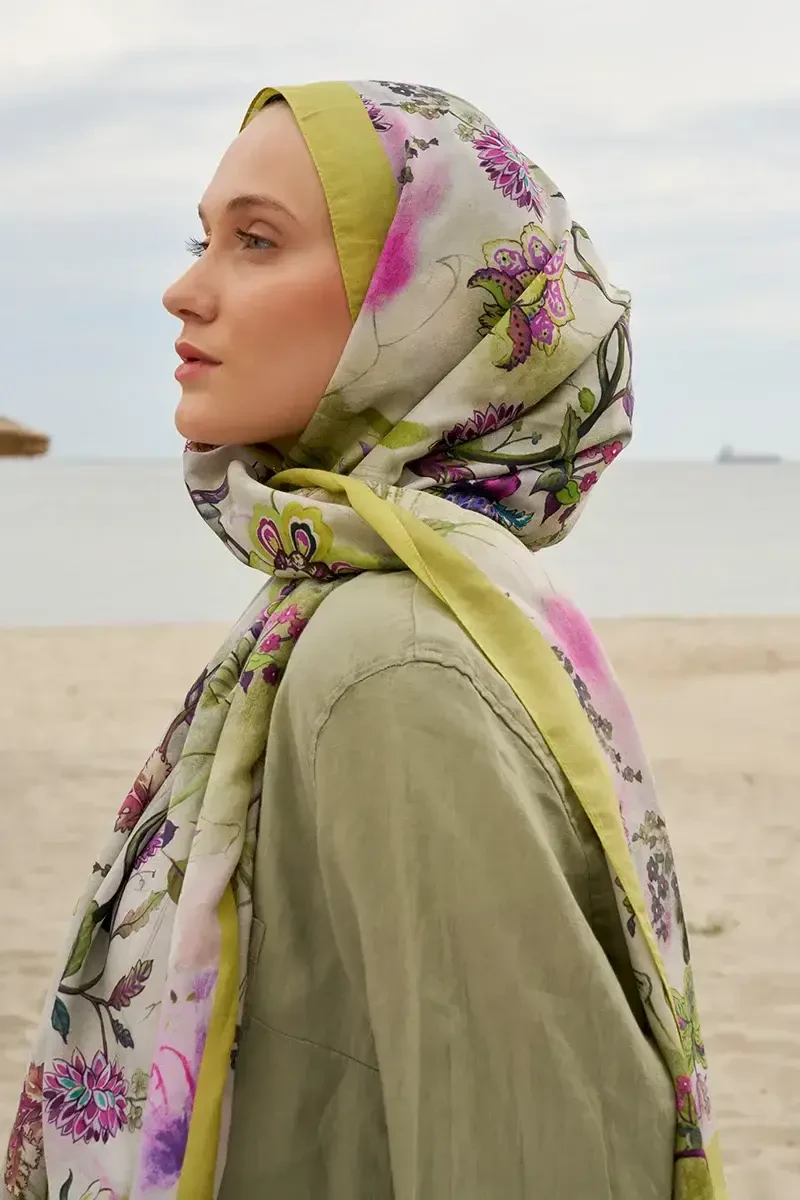 Botanik Desen Pamuk İpek Şal - Lime - 2