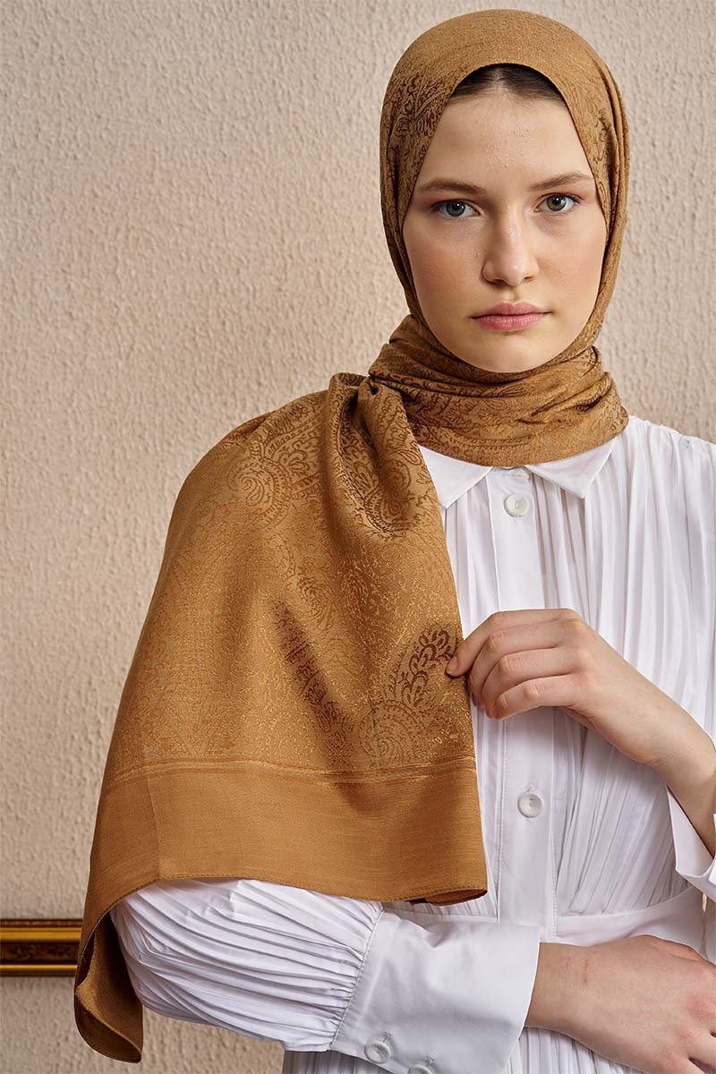 Çift Taraflı Etnik Desen Şal - Camel - 1
