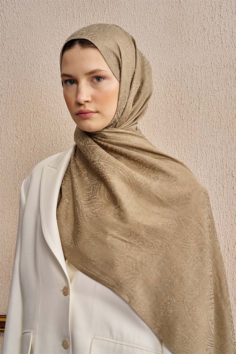 Çift Taraflı Etnik Desen Şal - Koyu Bej - 1