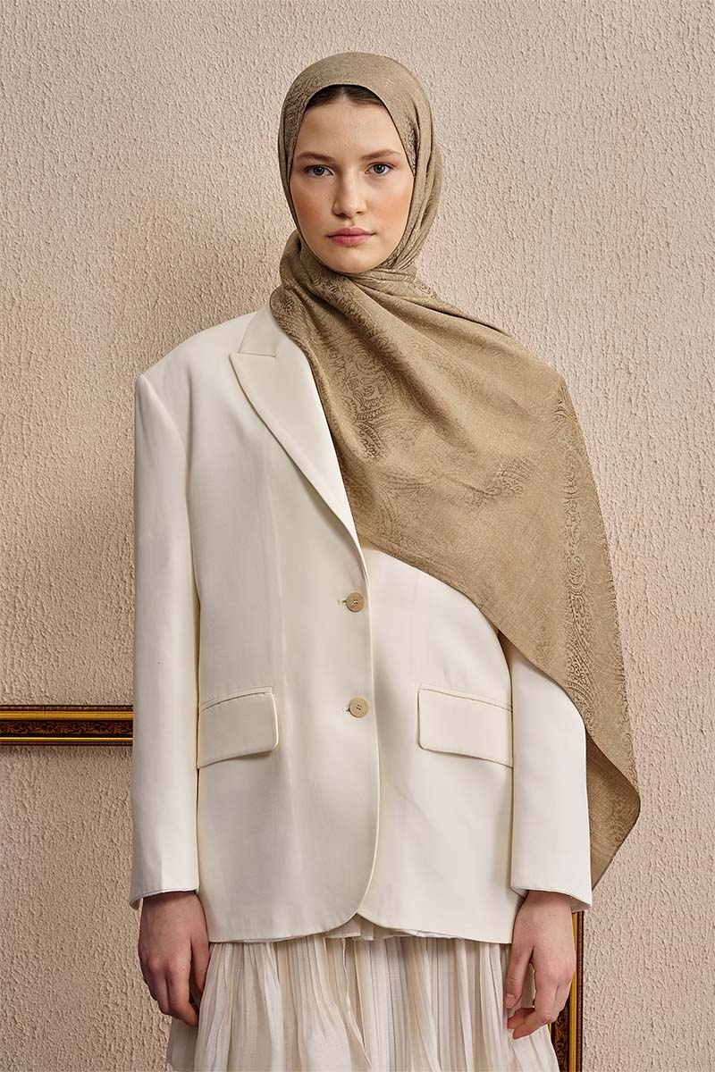 Çift Taraflı Etnik Desen Şal - Koyu Bej - 2