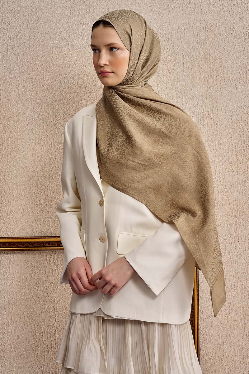 Çift Taraflı Etnik Desen Şal - Koyu Bej - 3