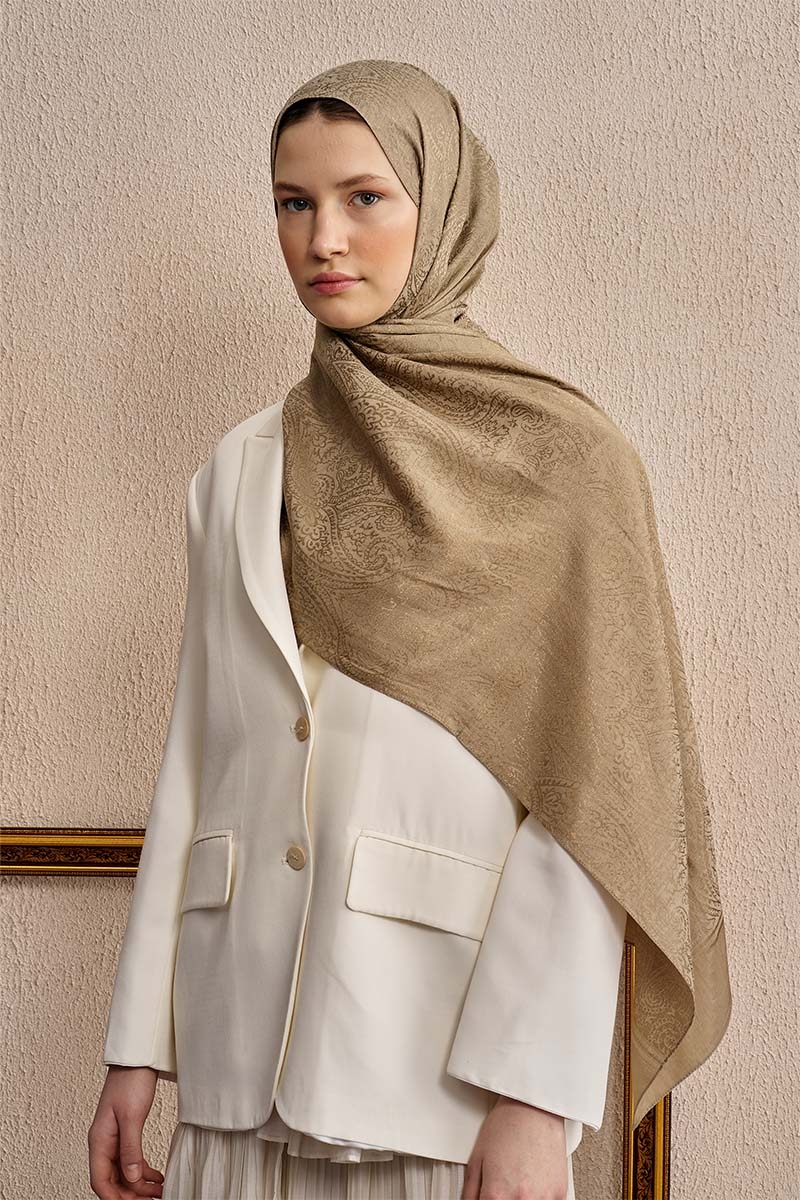 Çift Taraflı Etnik Desen Şal - Koyu Bej - 4