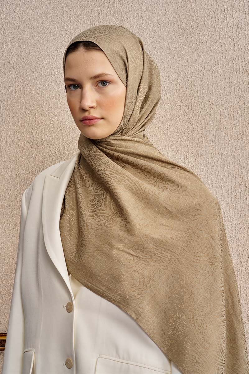 Çift Taraflı Etnik Desen Şal - Koyu Bej - 1