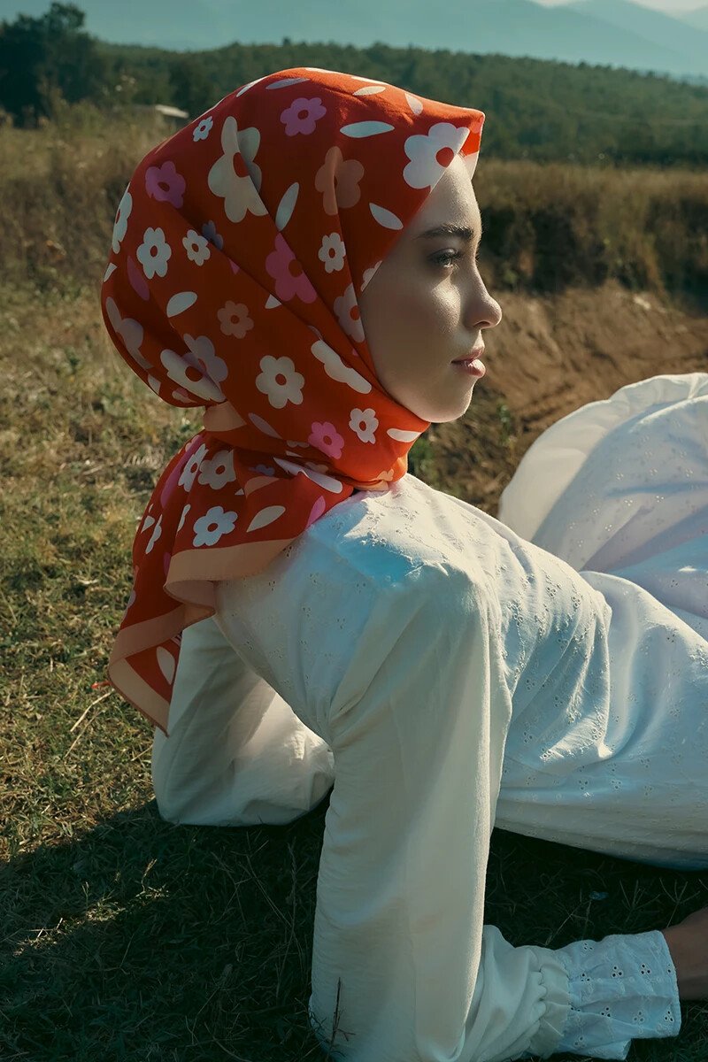 Desenli Modal Eşarp Çiçek - Kırmızı - ED Scarf