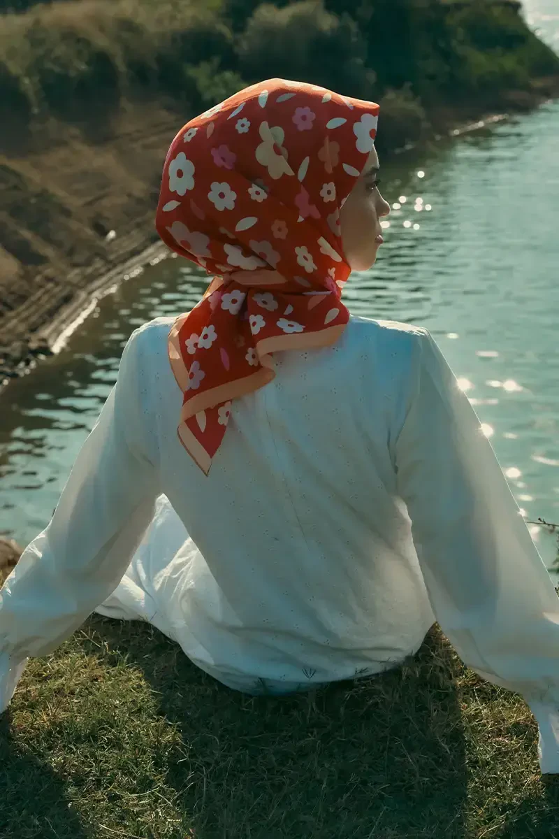 Desenli Modal Eşarp Çiçek - Kırmızı - ED Scarf