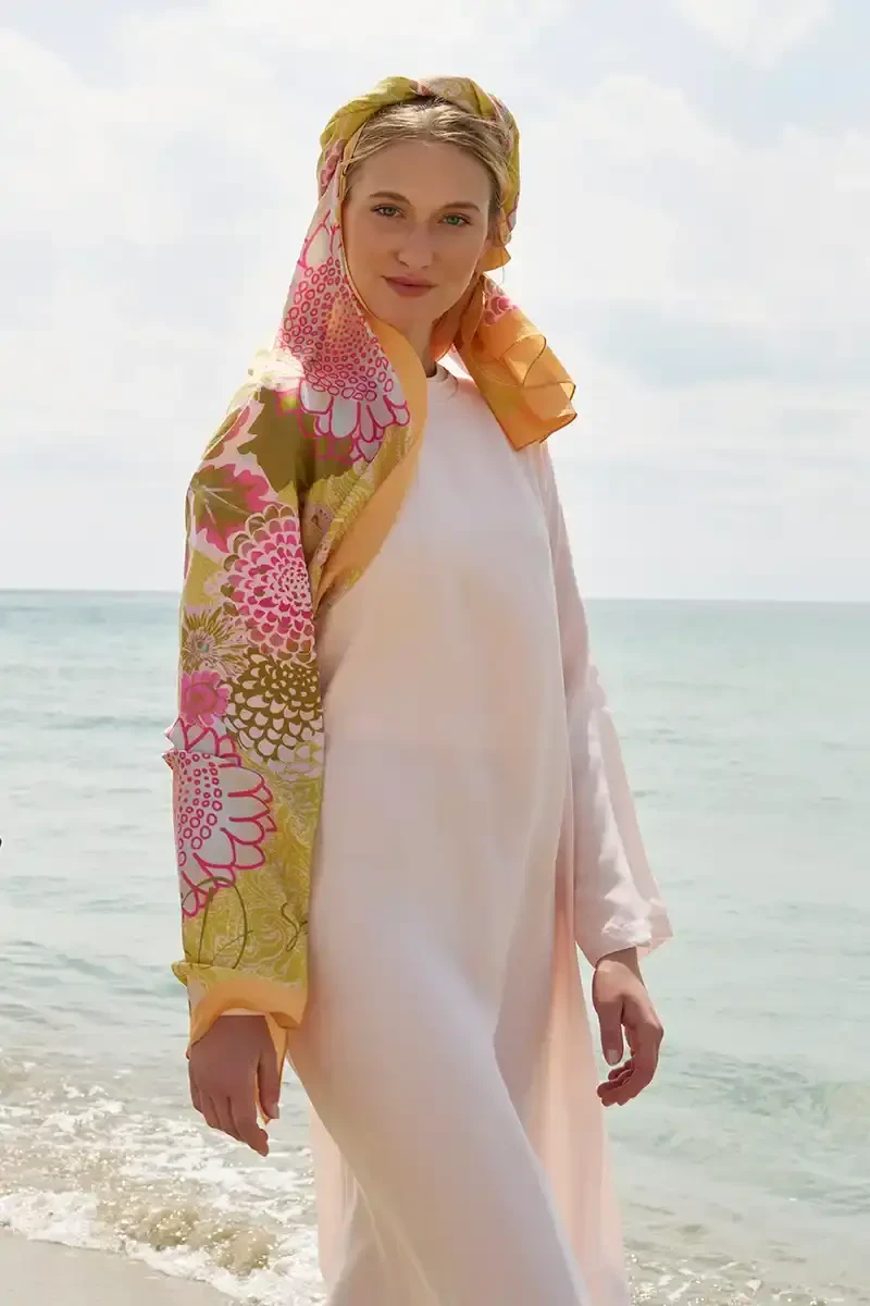 Elegant Desen Pamuk İpek Şal - Yağ Yeşili