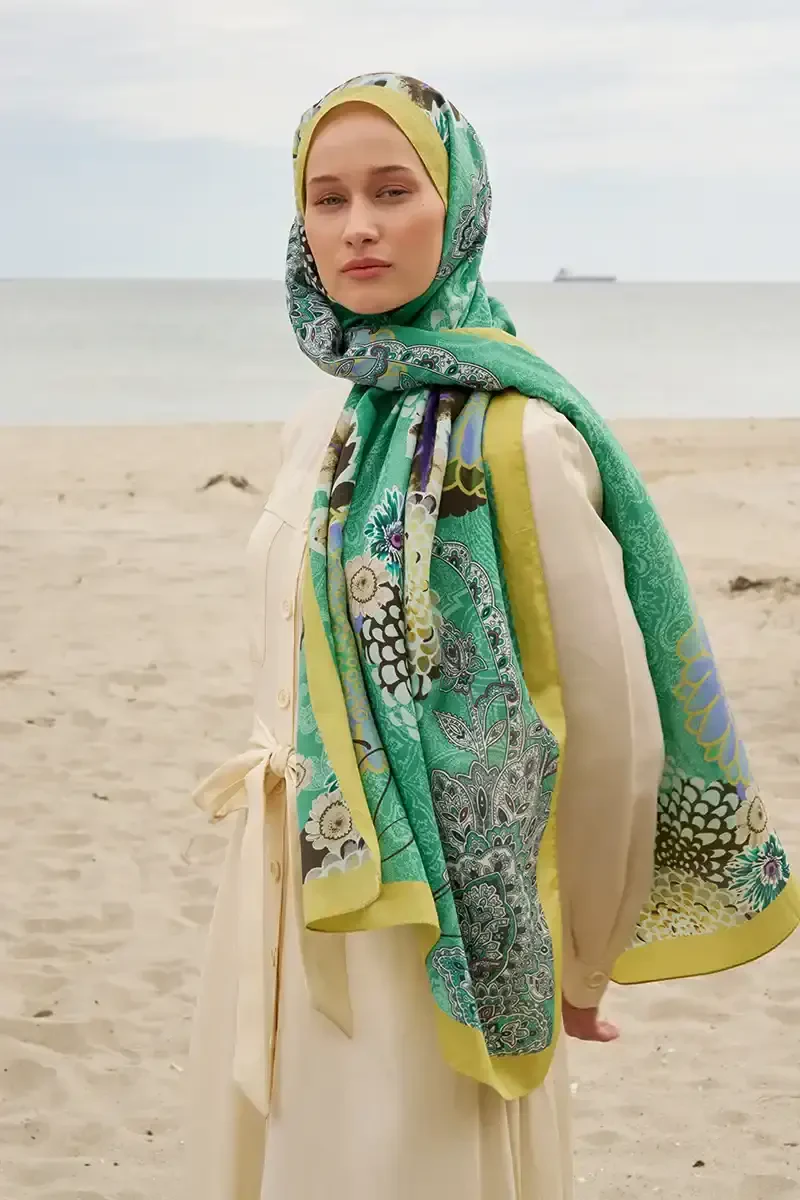 Elegant Desen Pamuk İpek Şal - Yeşil