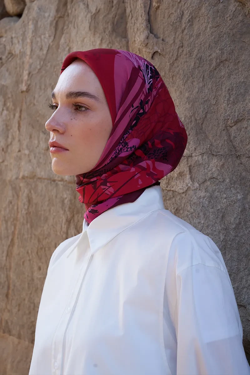 Glaze Botanic Desen Eşarp - Bordo - 1