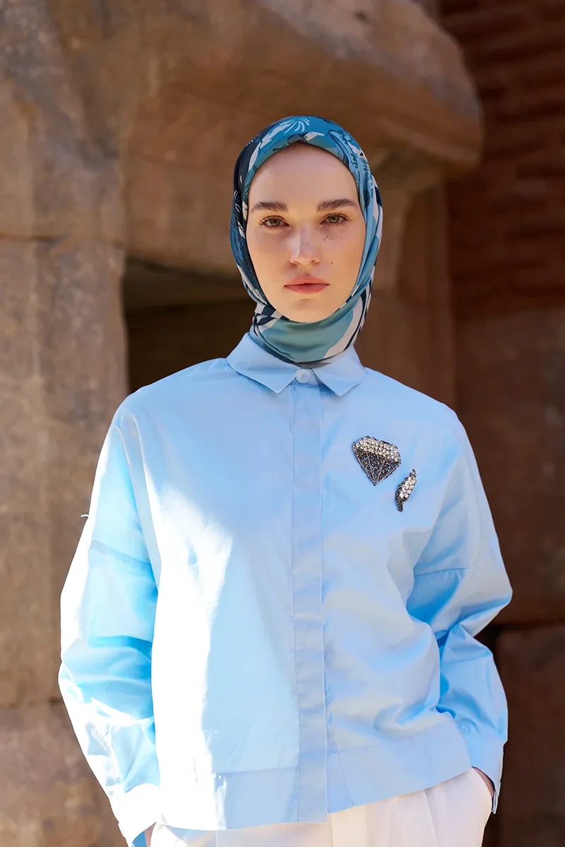 Glaze Botanic Desen Eşarp - Mavi - ED SCARF