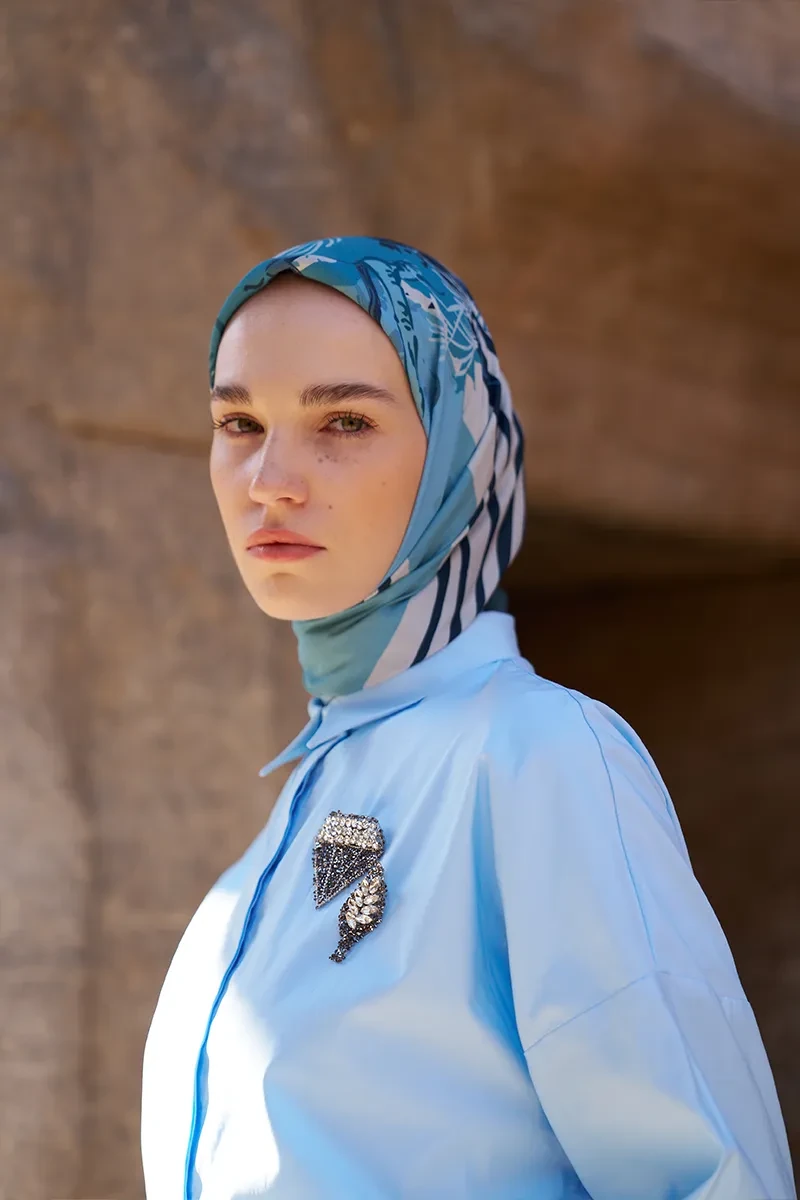 Glaze Botanic Desen Eşarp - Mavi - ED SCARF