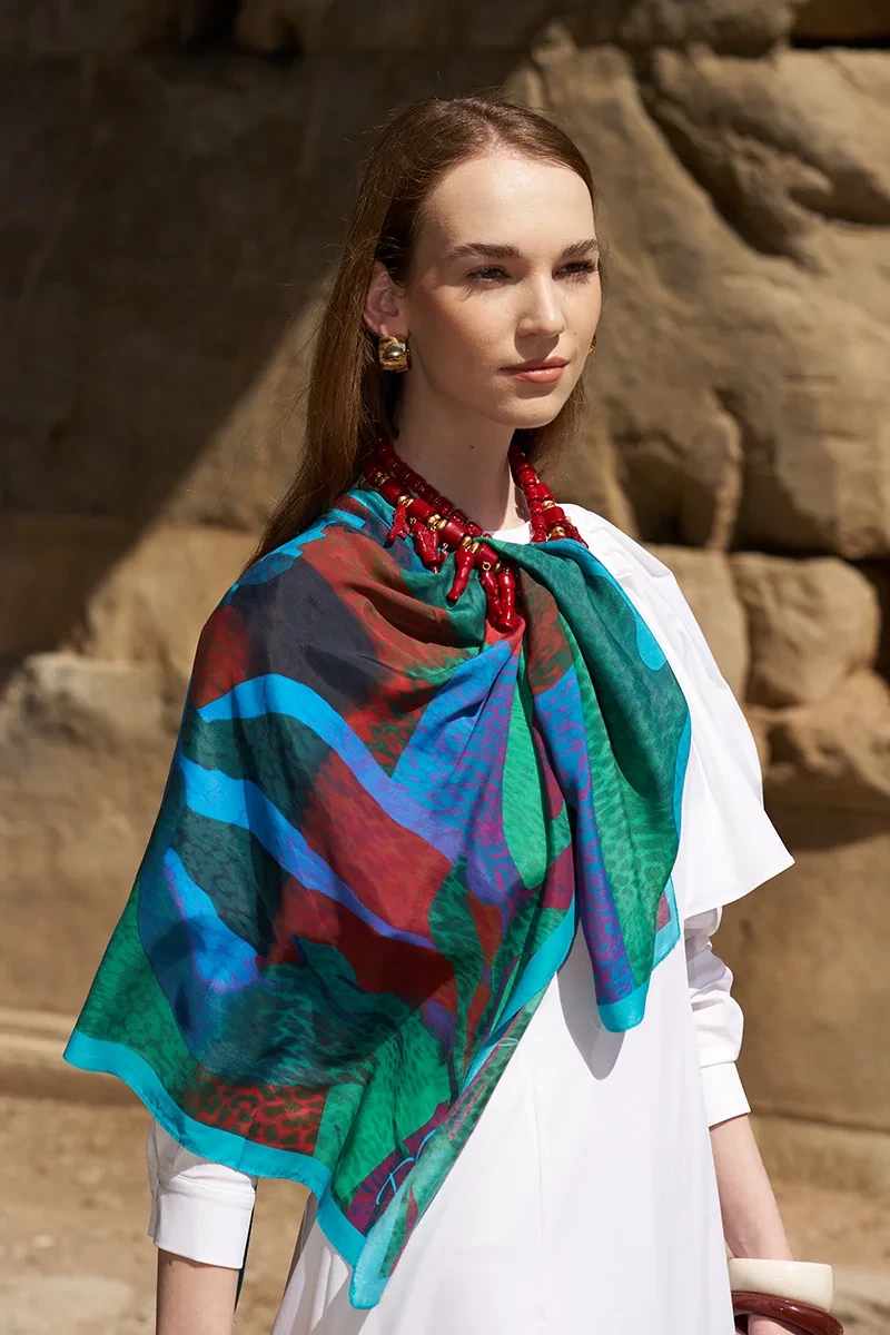 Glaze Vase Desen Eşarp - Mavi - ED SCARF