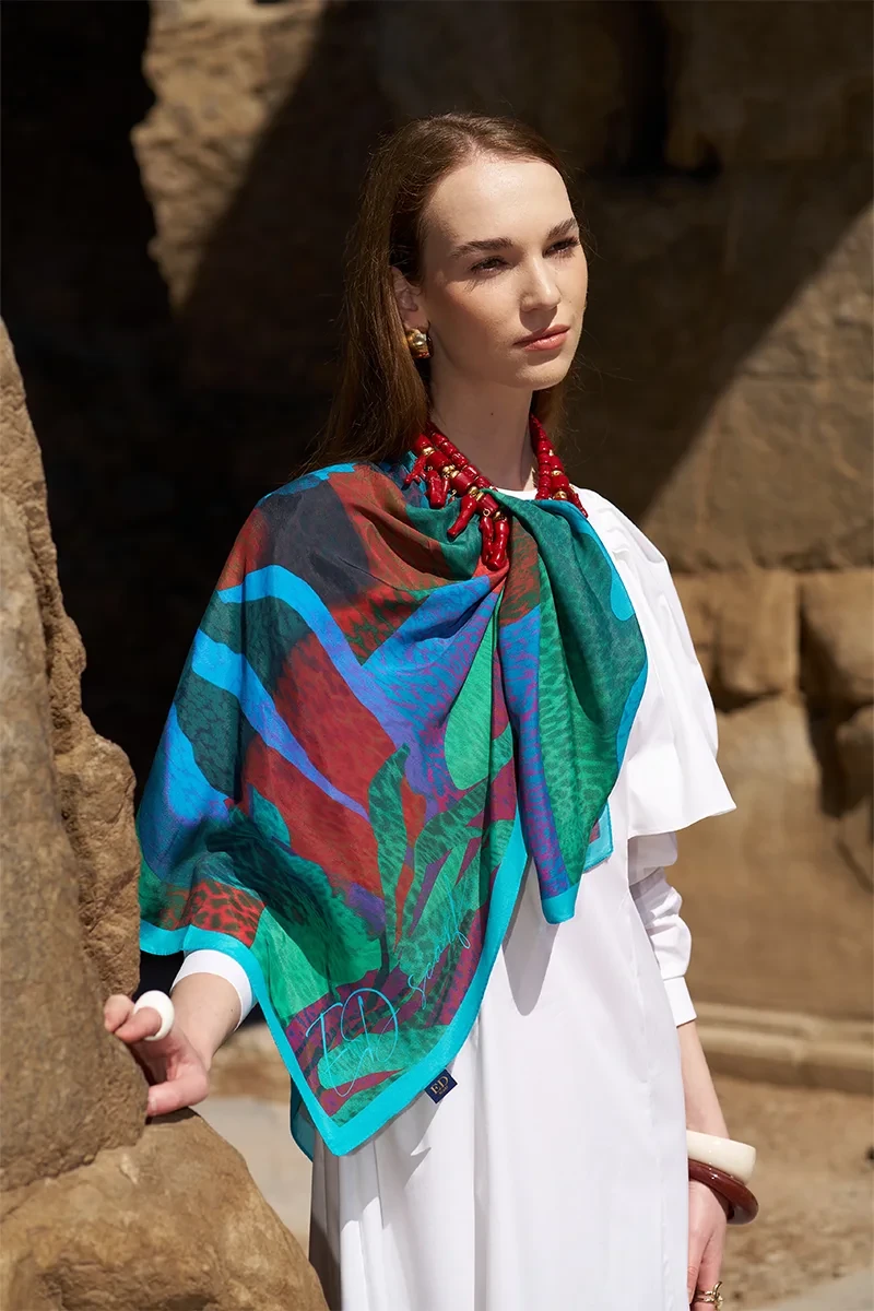 Glaze Vase Desen Eşarp - Mavi - ED SCARF