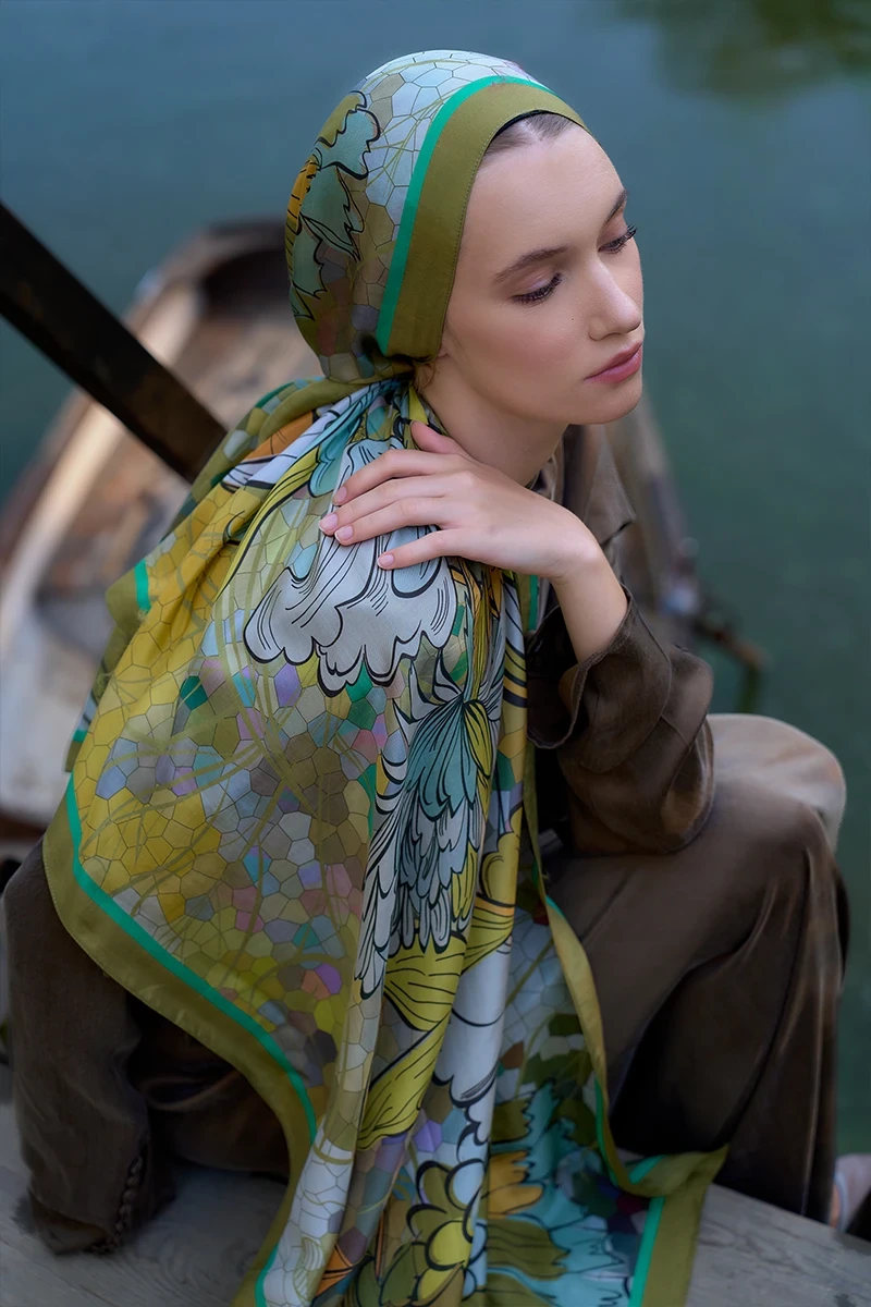 Inspired Velarose Desen Şal - Yağ Yeşili - ED SCARF