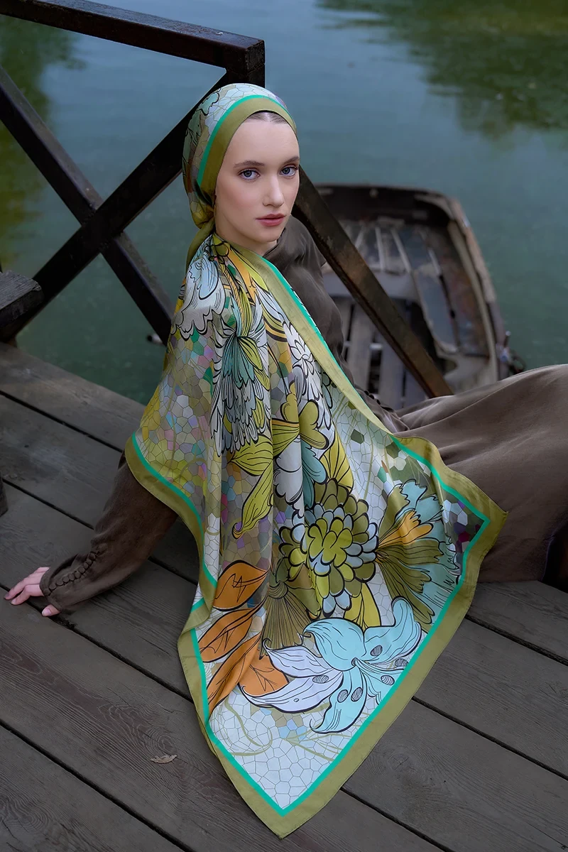 Inspired Velarose Desen Şal - Yağ Yeşili - ED SCARF