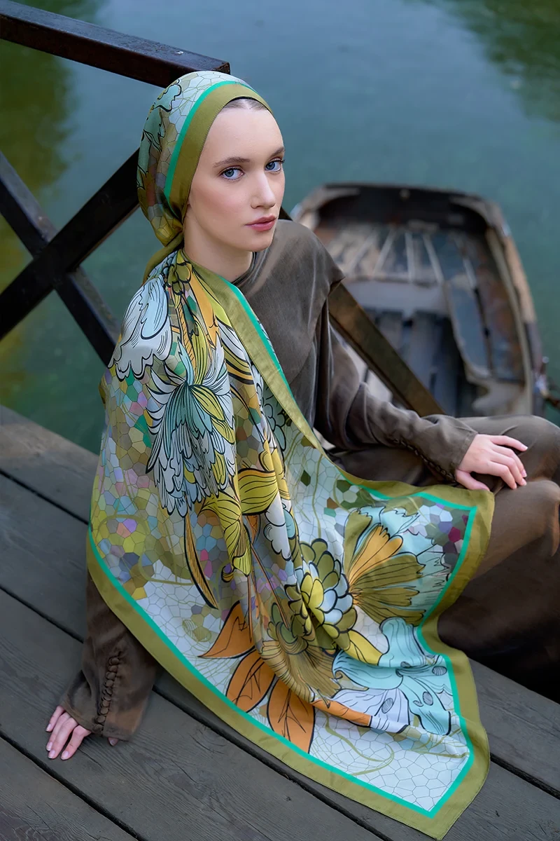 Inspired Velarose Desen Şal - Yağ Yeşili - 4