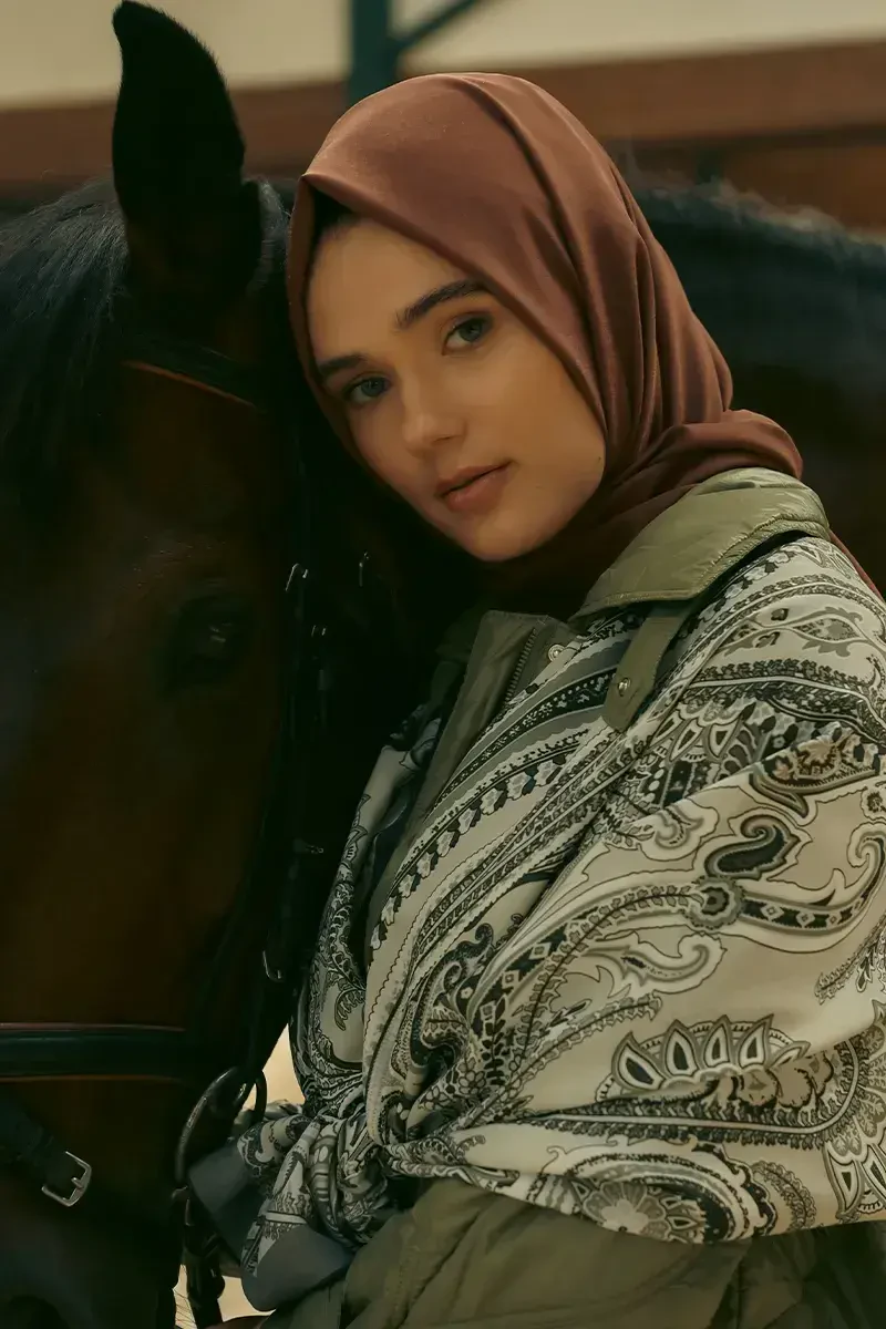 İpeksi Jakar Şal Kare Desen - Kahverengi - 1
