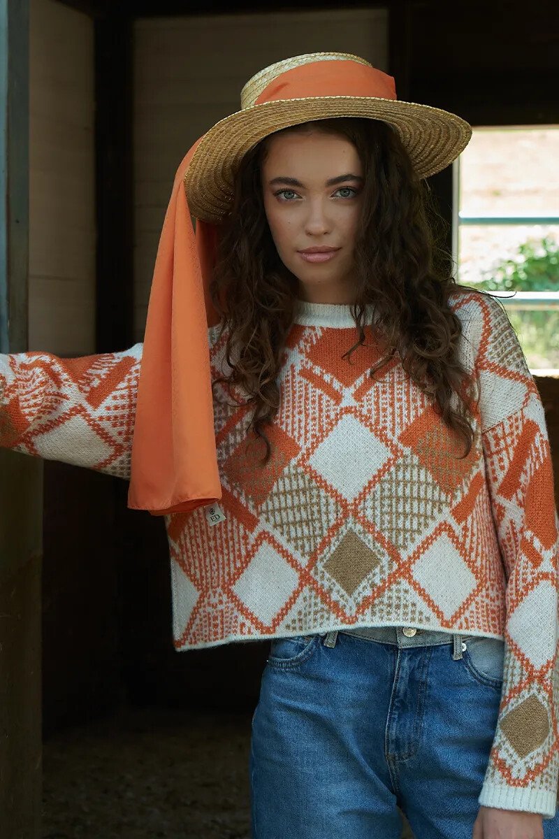 İpeksi Jakar Şal Kare Desen - Turuncu - ED Scarf