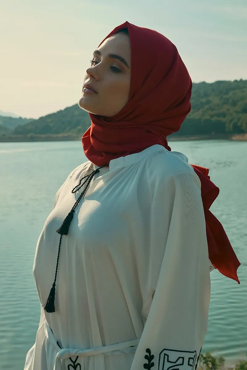 İpeksi Jakar Şal Monogram Desen - Kırmızı - ED Scarf