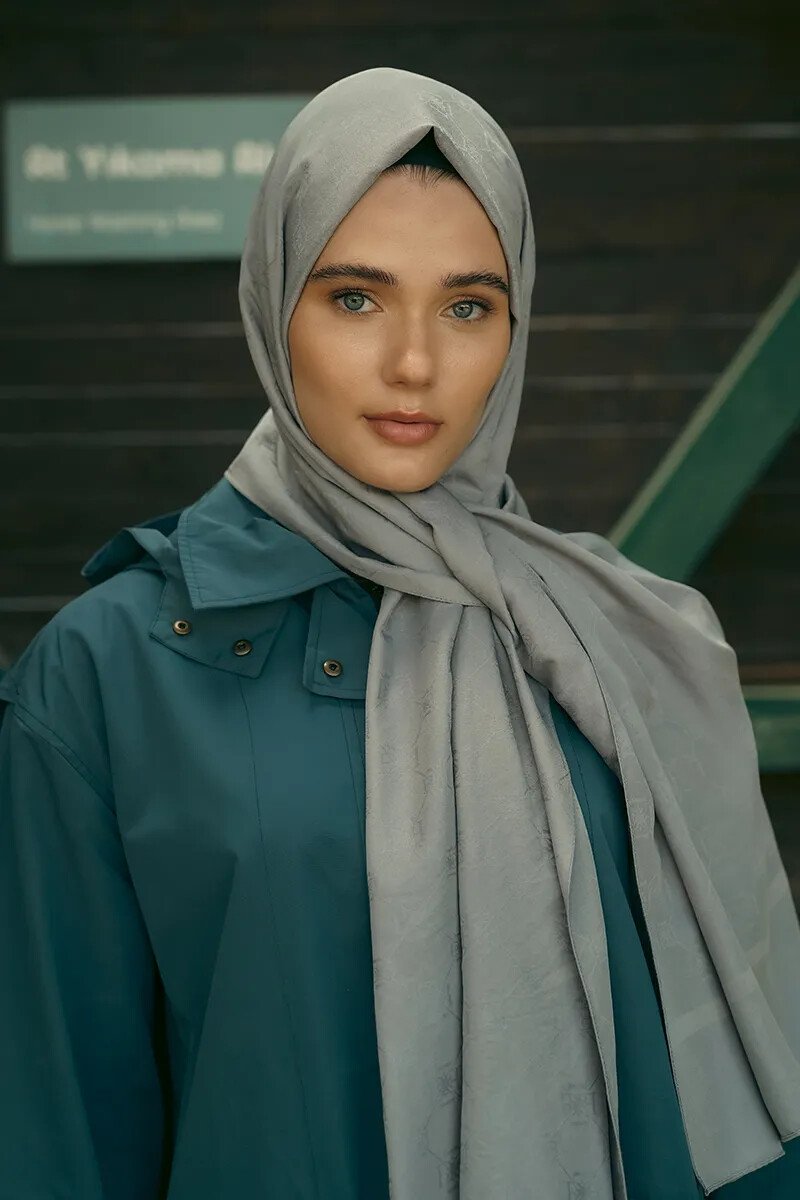 İpeksi Jakar Şal Monogram Desen - Koyu Gri - ED Scarf