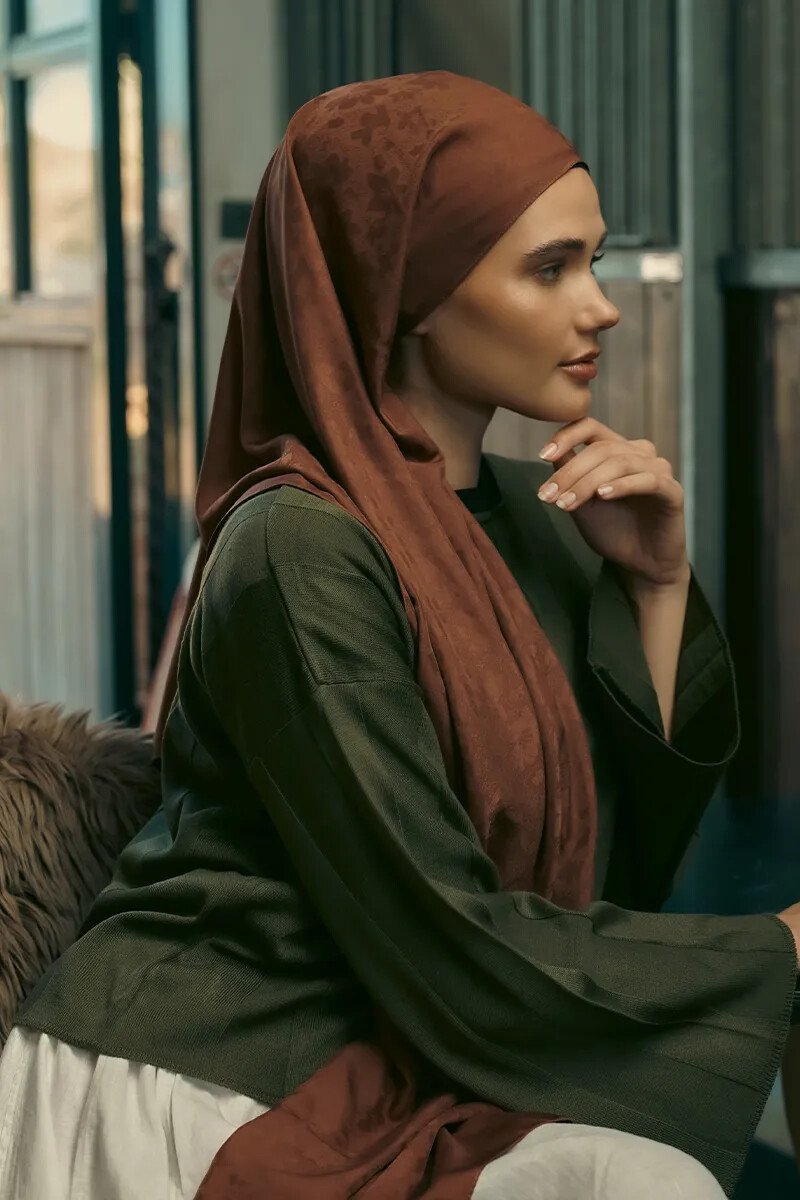 İpeksi Jakar Şal Papatya Desen - Kahverengi - ED Scarf