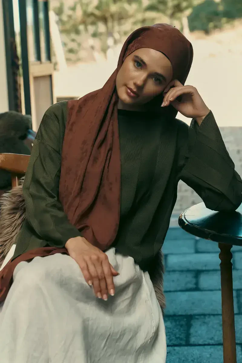 İpeksi Jakar Şal Papatya Desen - Kahverengi - ED Scarf