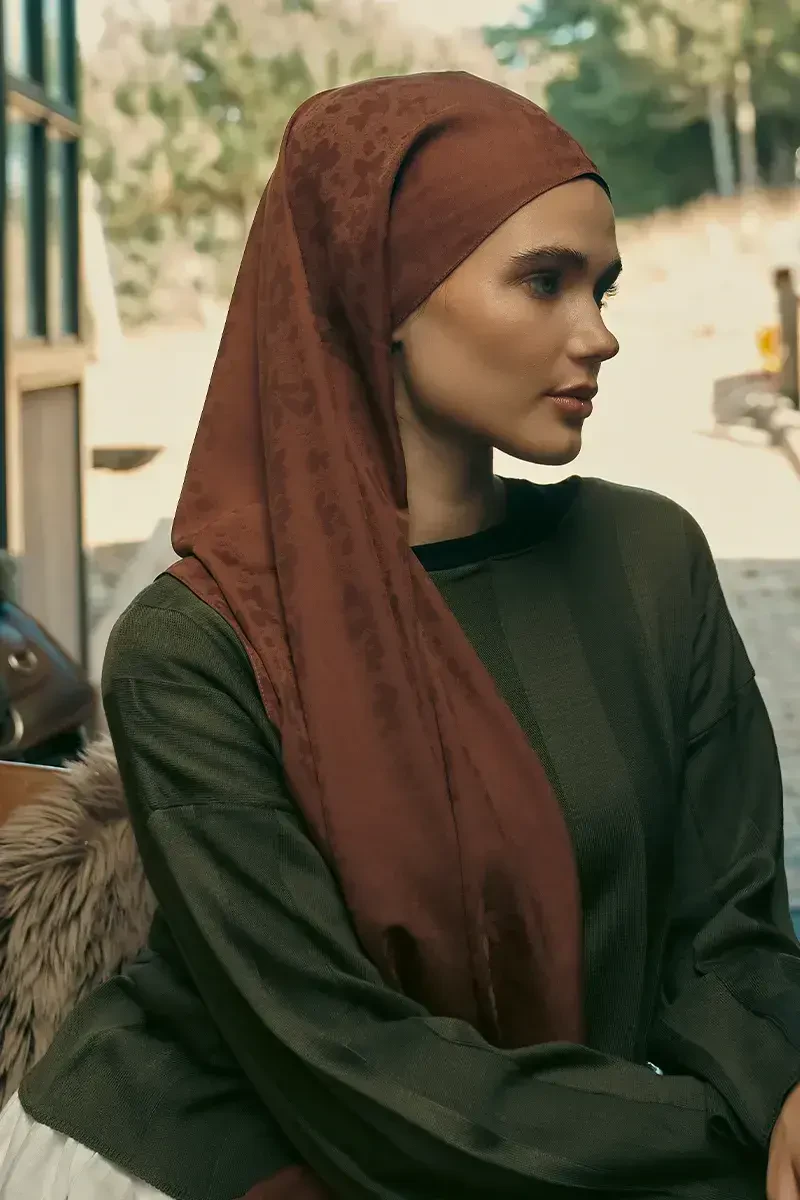 İpeksi Jakar Şal Papatya Desen - Kahverengi - ED Scarf