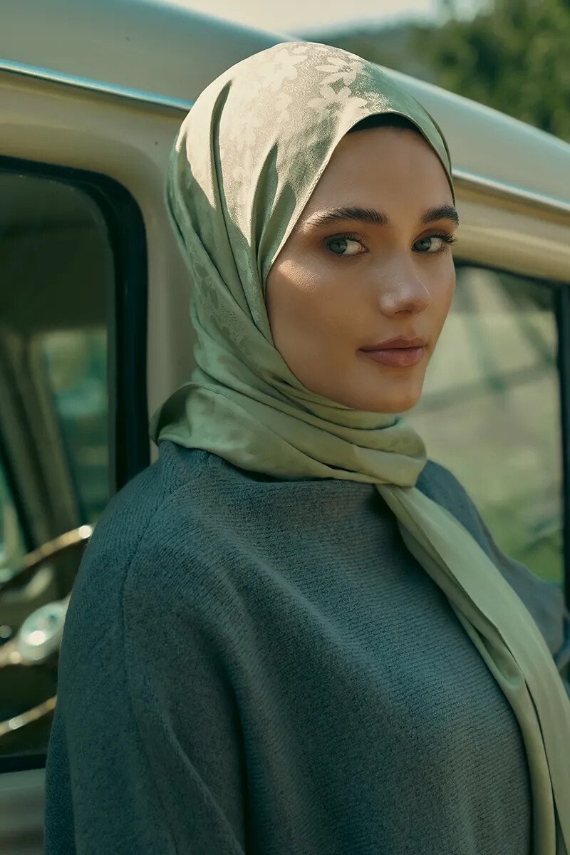 İpeksi Jakar Şal Papatya Desen - Yeşil - ED Scarf