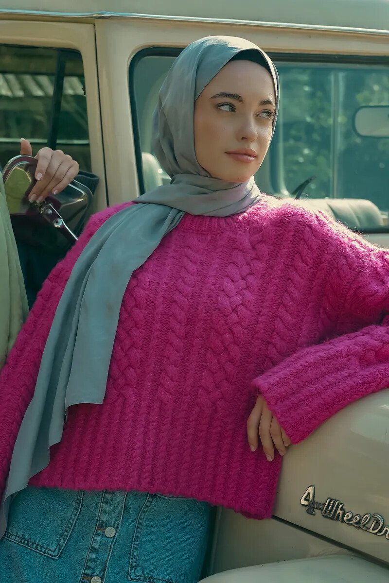 İpeksi Jakar Şal Zikzak Desen - Gri - ED Scarf