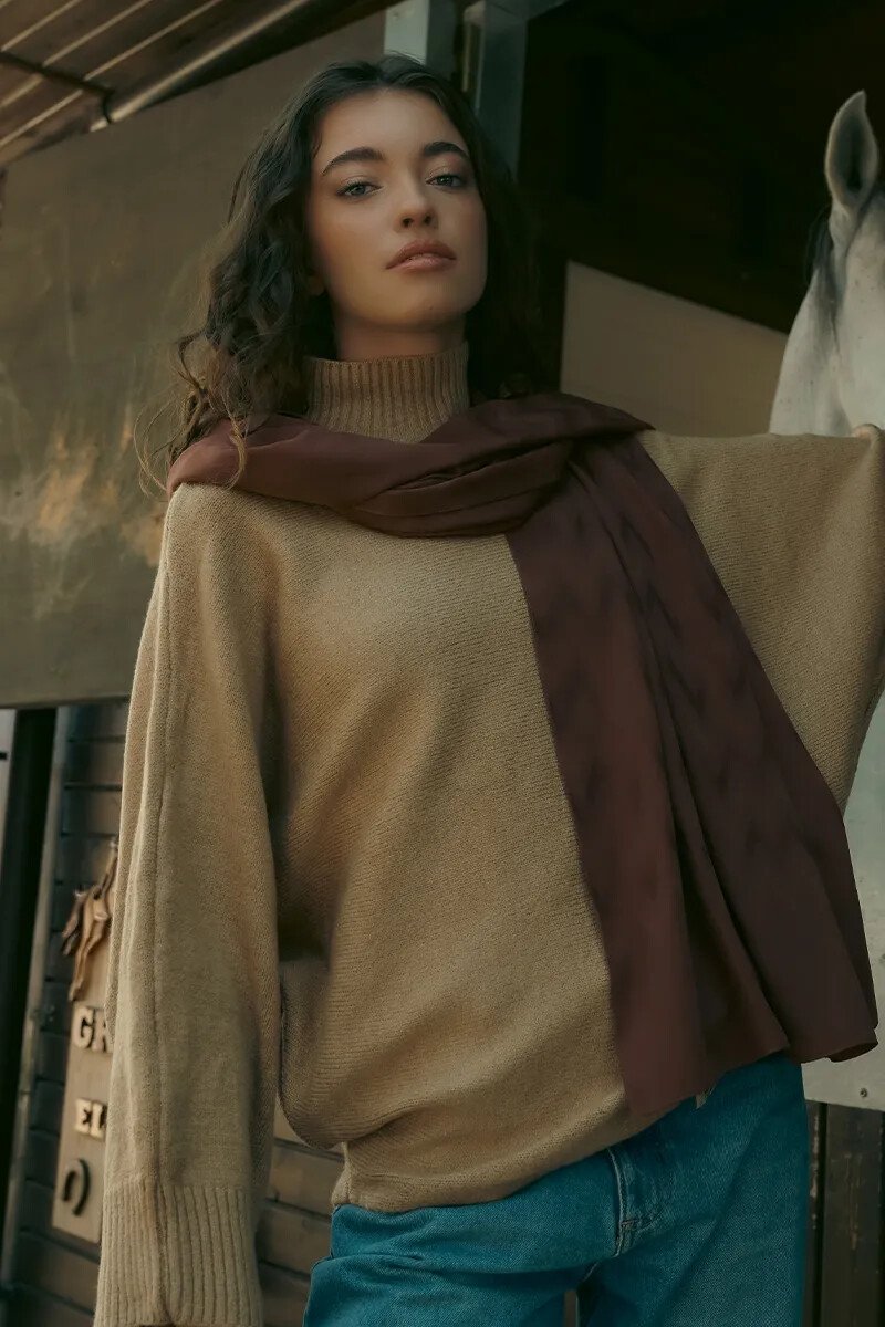 İpeksi Jakar Şal Zikzak Desen - Kahverengi - ED Scarf