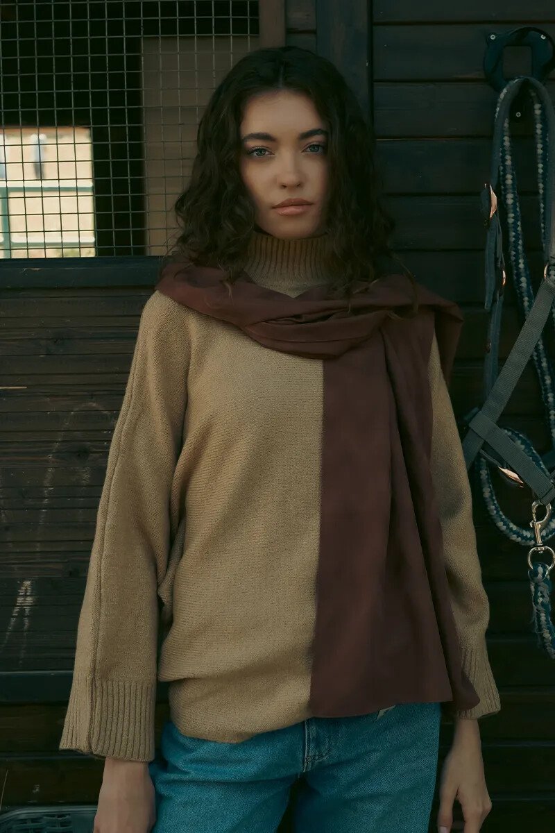 İpeksi Jakar Şal Zikzak Desen - Kahverengi - ED Scarf