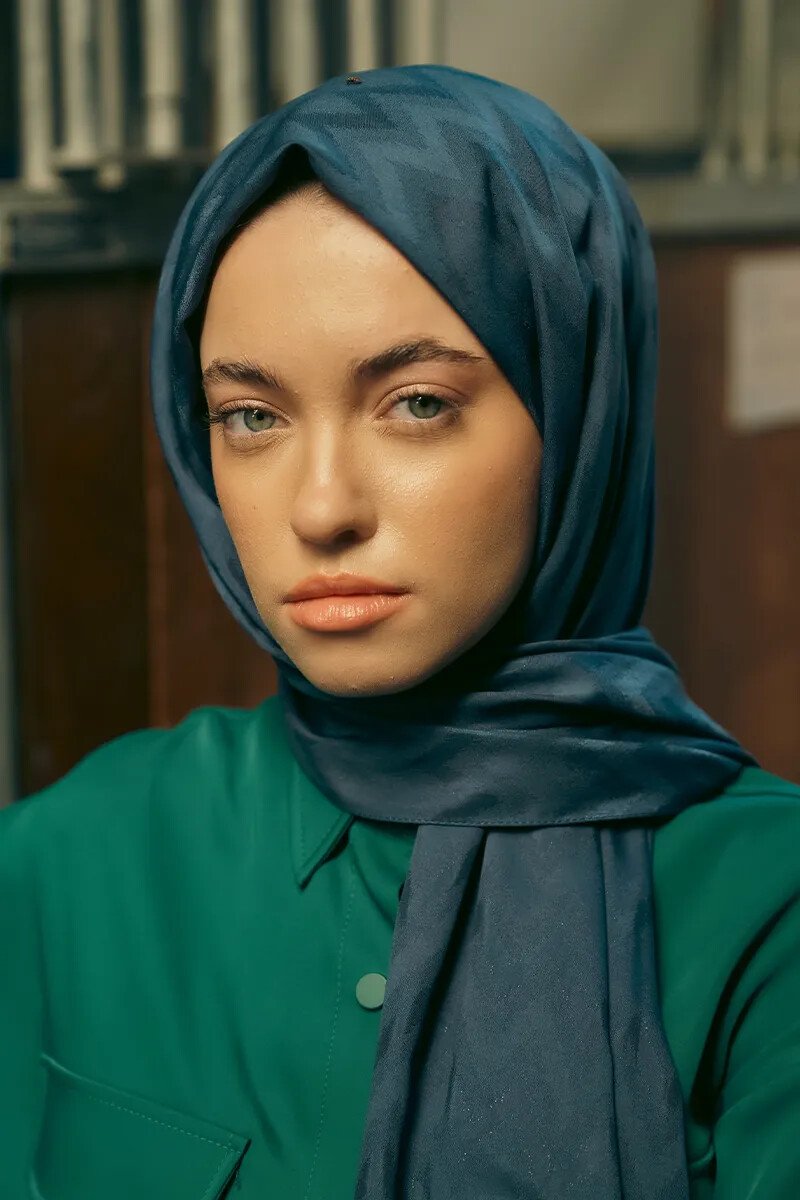 İpeksi Jakar Şal Zikzak Desen - Lacivert - ED Scarf