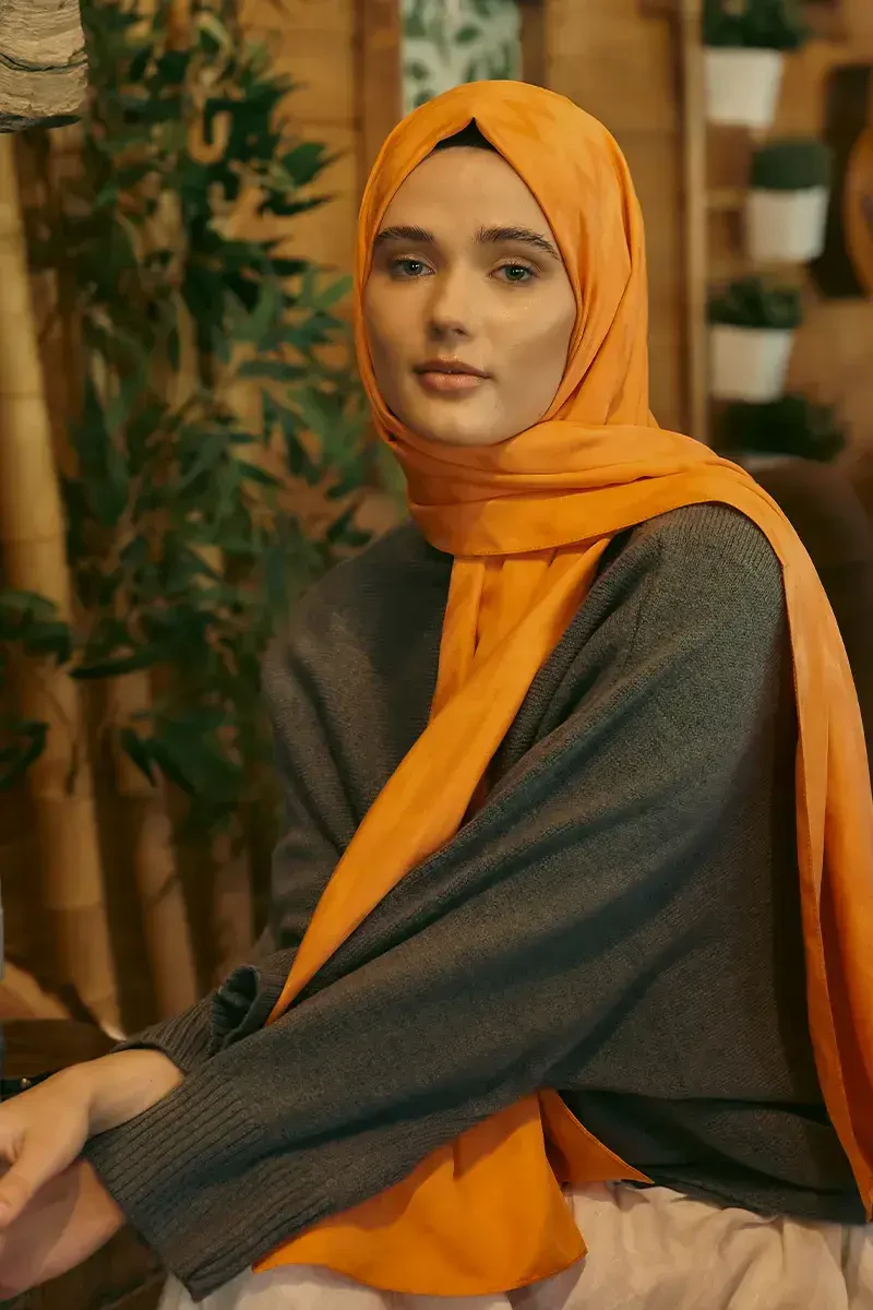 İpeksi Jakar Şal Zikzak Desen - Turuncu - ED Scarf