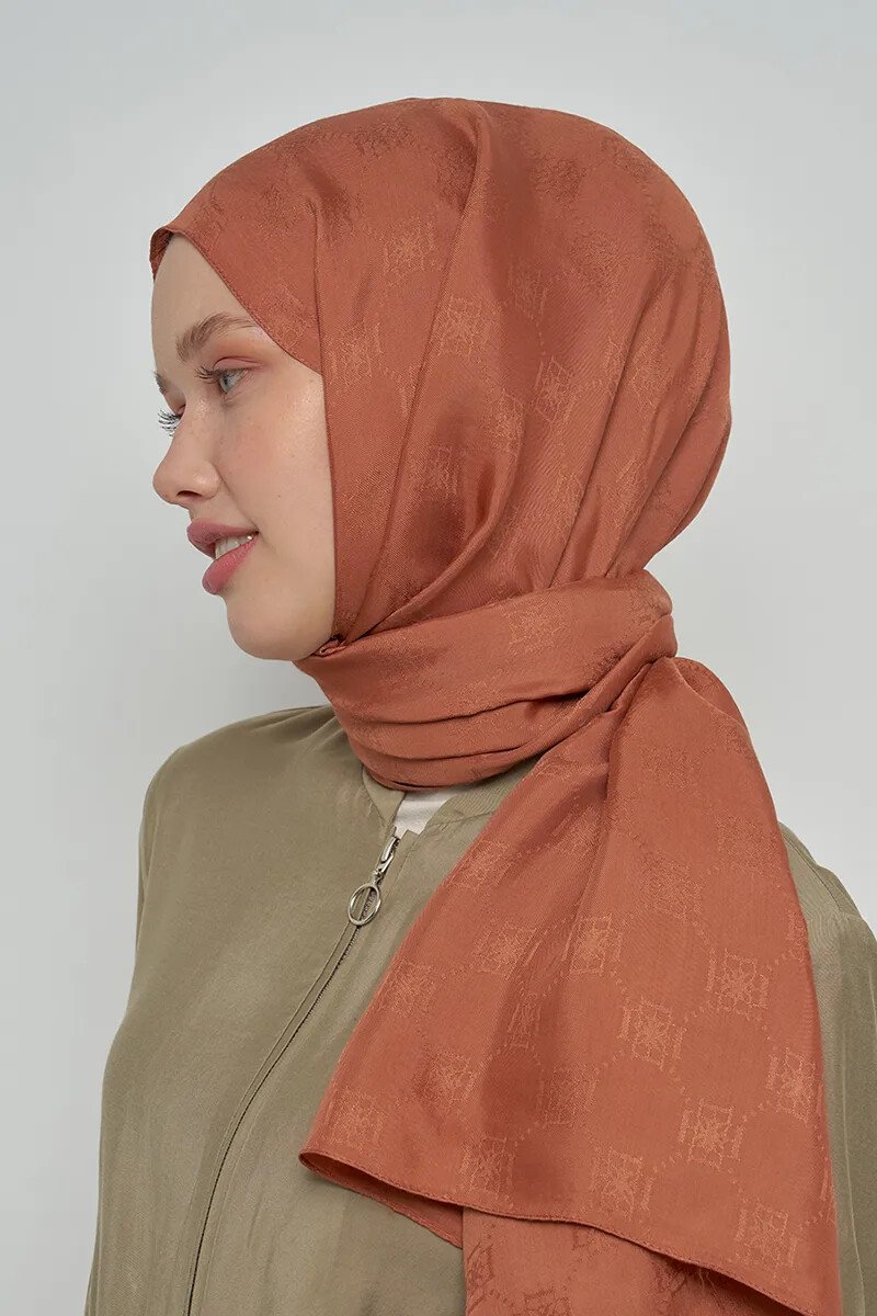 Jakar Pamuk Şal Monogram Desen - Kahverengi - ED Scarf