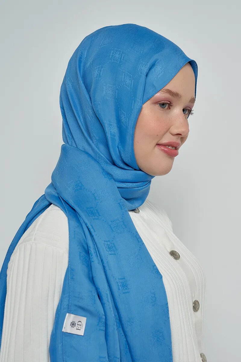 Jakar Pamuk Şal Monogram Desen - Mavi - ED Scarf