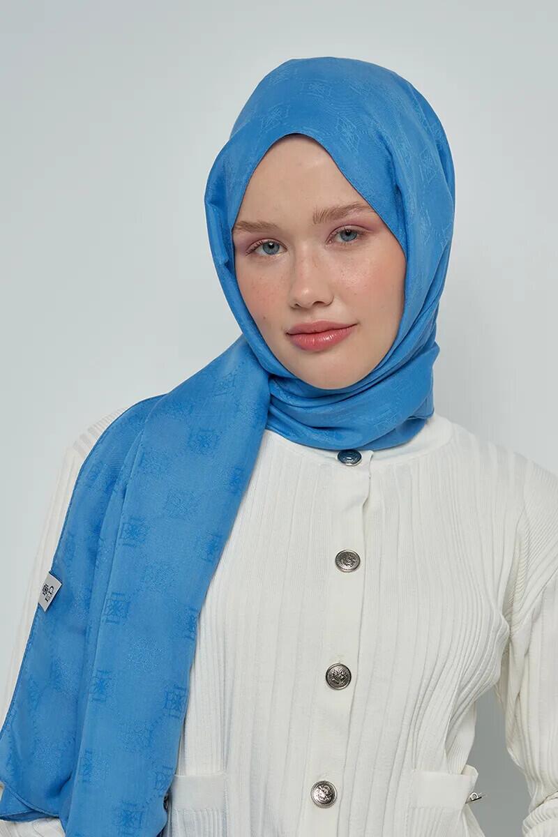 Jakar Pamuk Şal Monogram Desen - Mavi - ED Scarf