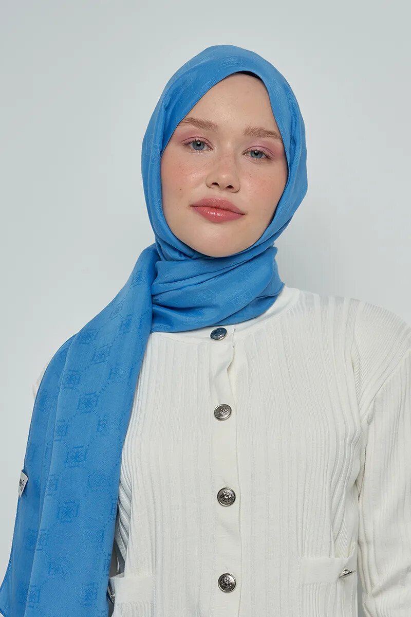 Jakar Pamuk Şal Monogram Desen - Mavi - ED Scarf