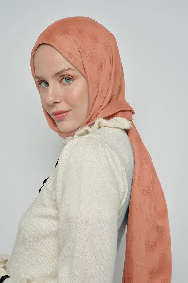 Jakar Pamuk Şal Monogram Desen - Peach Fuzz - ED Scarf