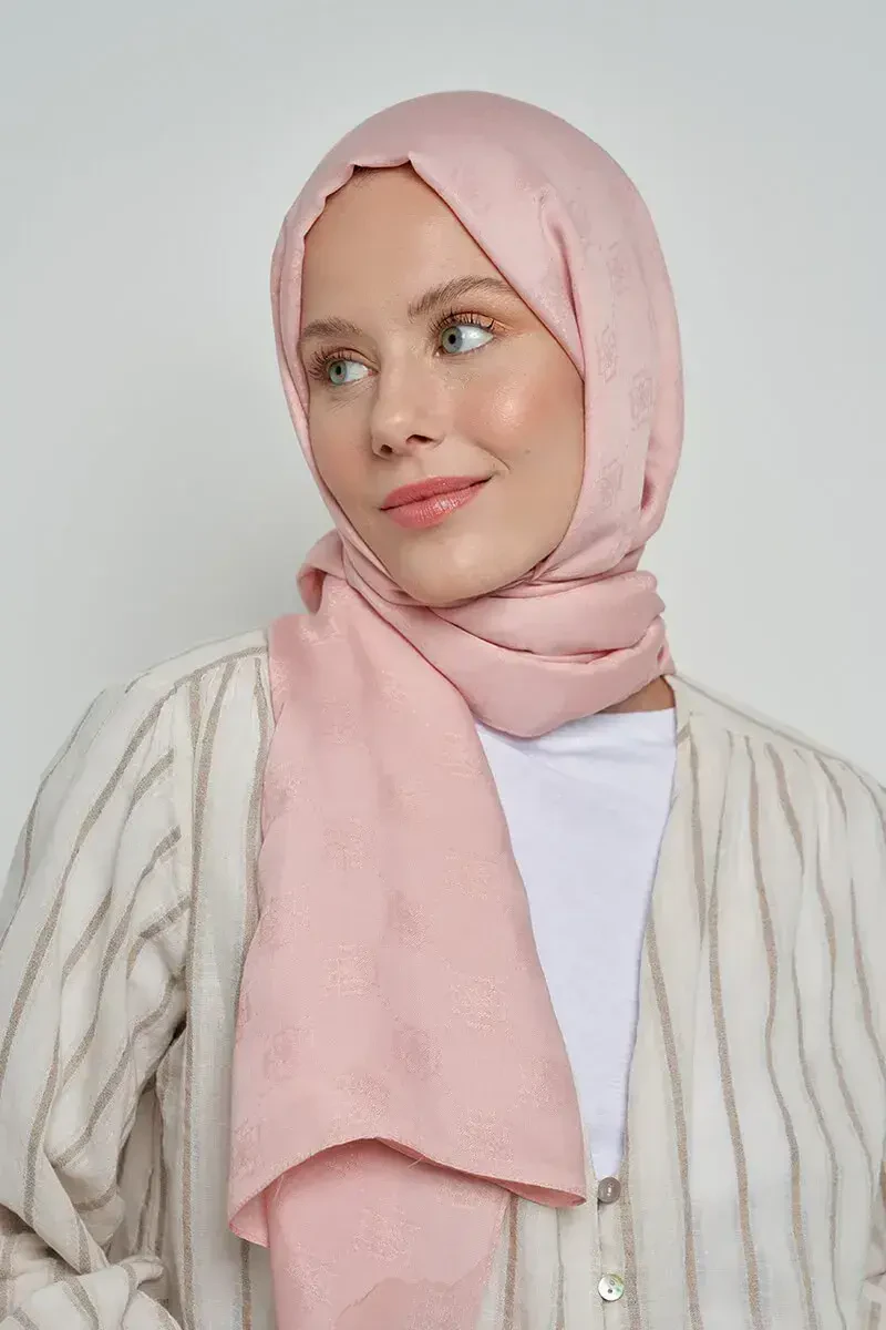 Jakar Pamuk Şal Monogram Desen - Pudra - ED Scarf